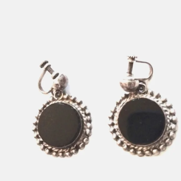 VINTAGE 50s ROUND BLACK ONYX STERLING SILVER .925 SCREWBACK 1" EARRINGS - Picture 3 of 7